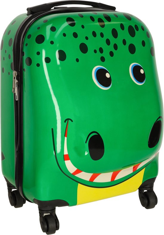Groene koffer met krokodillengezicht, grote ogen en mond
