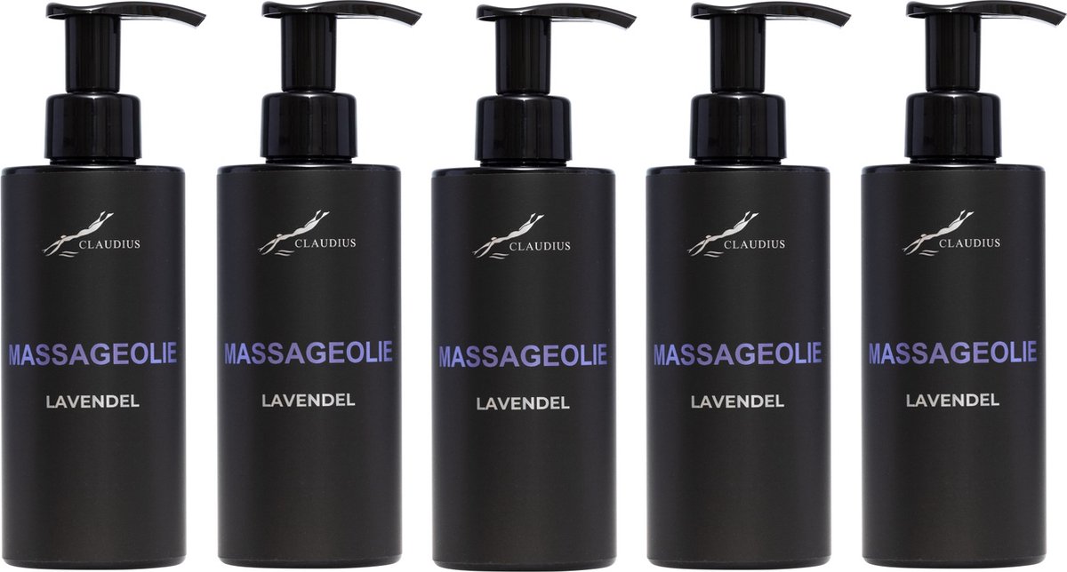Goedkoopste Massageolie Lavendel 300 ml - met pomp - zwarte fles - 100 natuurlijk - biologisch en koud geperst - set van 5 stuks - Voordeelverpakking