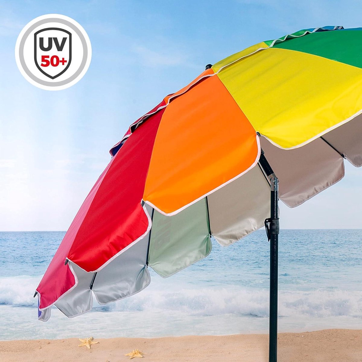 Colorful rainbow beach parasol, 220 cm diameter, tilt function, UV protection, windproof - ideal for beach outings.