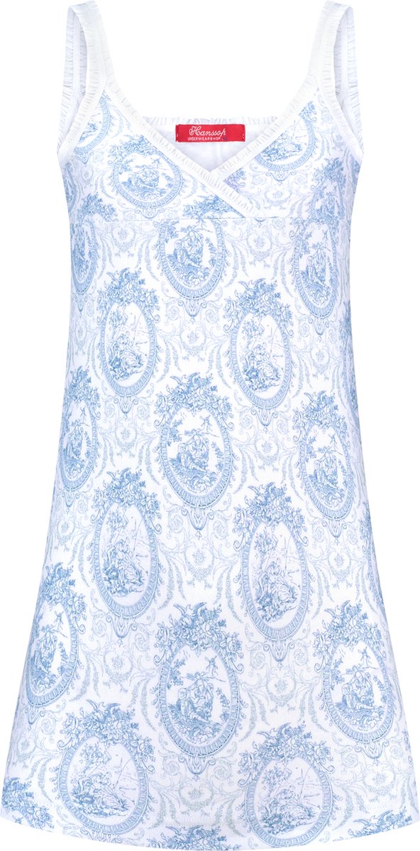 Exclusief Luxueus Kinder ondergoed, Luxe mooi zacht blauwe Girly Nachthemd / Slipdress van Hanssop met fashionable elastische rand details en in een luxe exclusieve Hanssop Blauwe Toile design, Meisjes Nachthemd, zacht blauwe toile print, maat 140