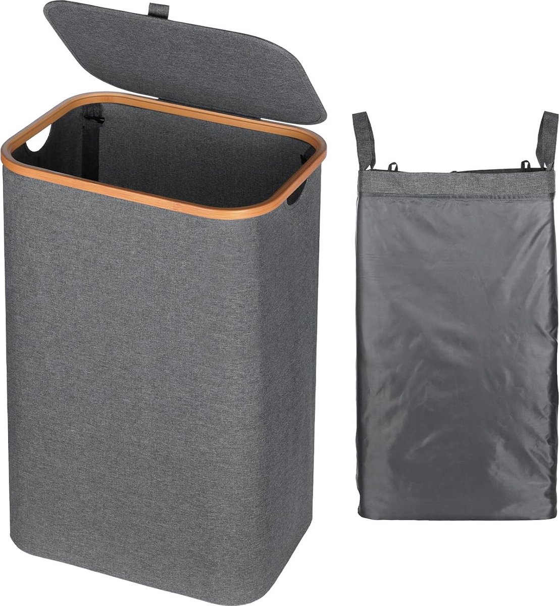 Goedkoopste Grijze wasmand voor badkamer - 105 liter - bamboe wasmand met deksel en handgrepen