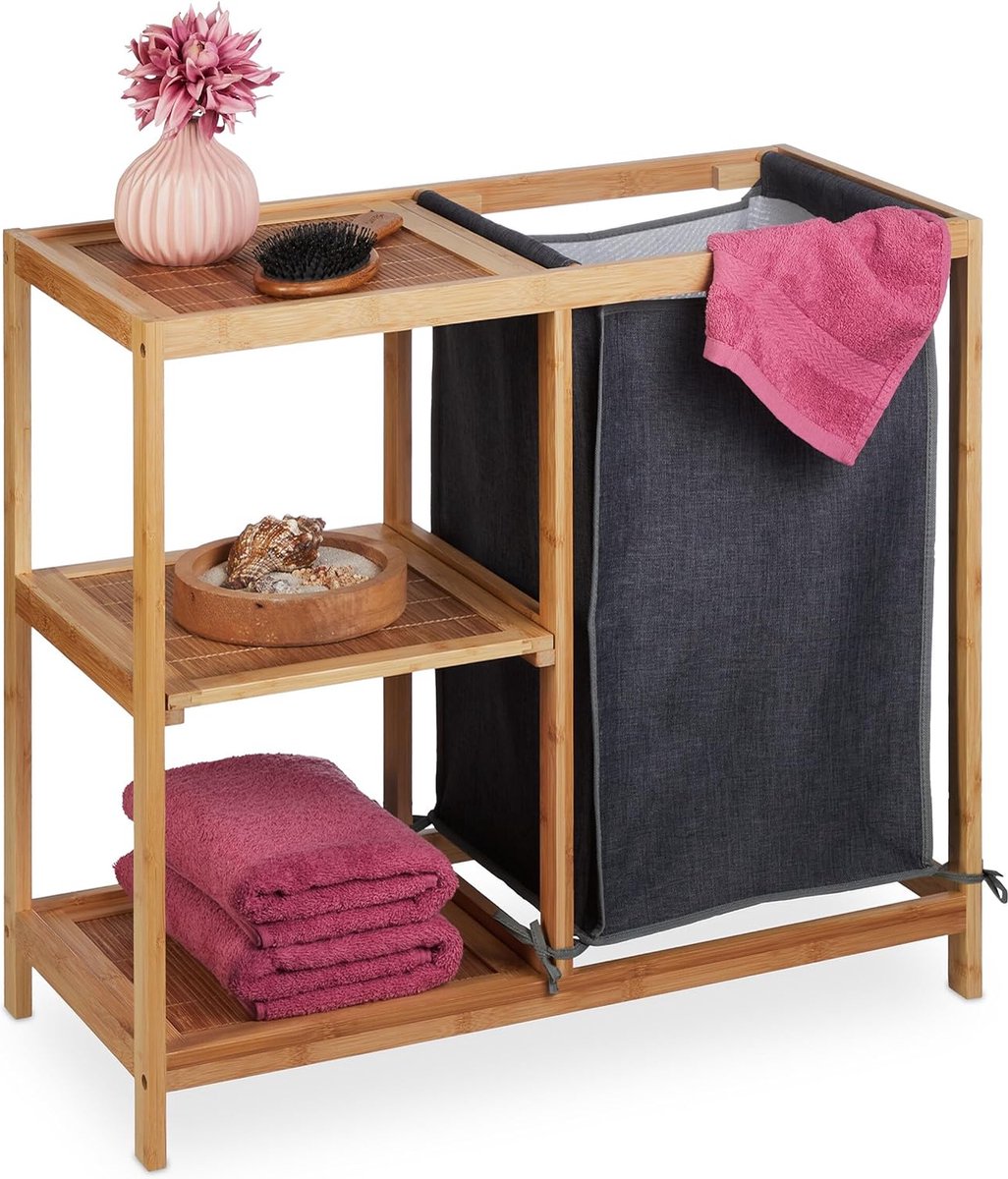 Goedkoopste Wasmand rek bamboe planken 65x68x33 cm - 50 liter badkamerrek natuur/grijs met wasmand