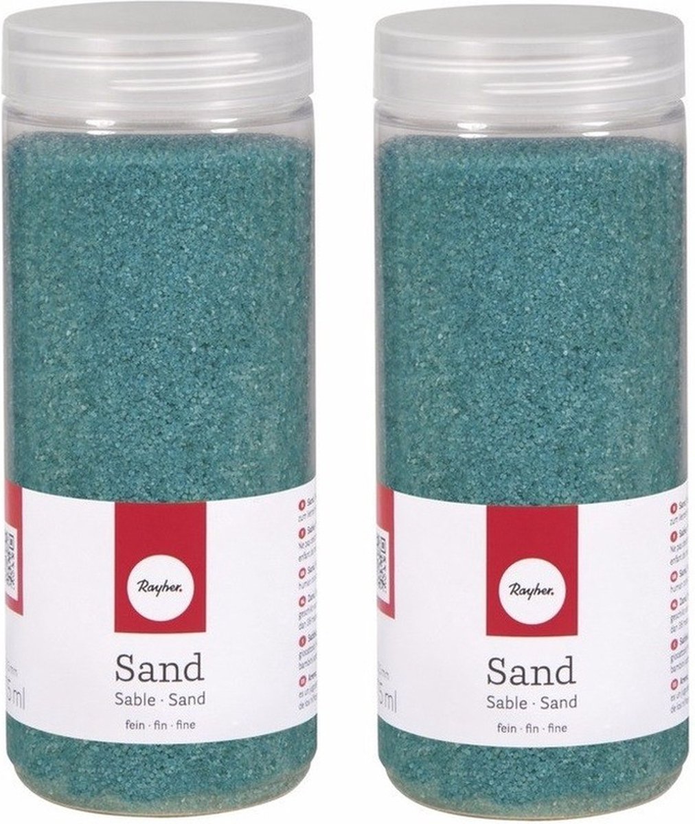 Rayher hobby Fijn decoratie zand korrels - 2x - turquoise blauw - 475 ml - zandkorrels - knutselmateriaal - 0.1 tot 0.5 mm