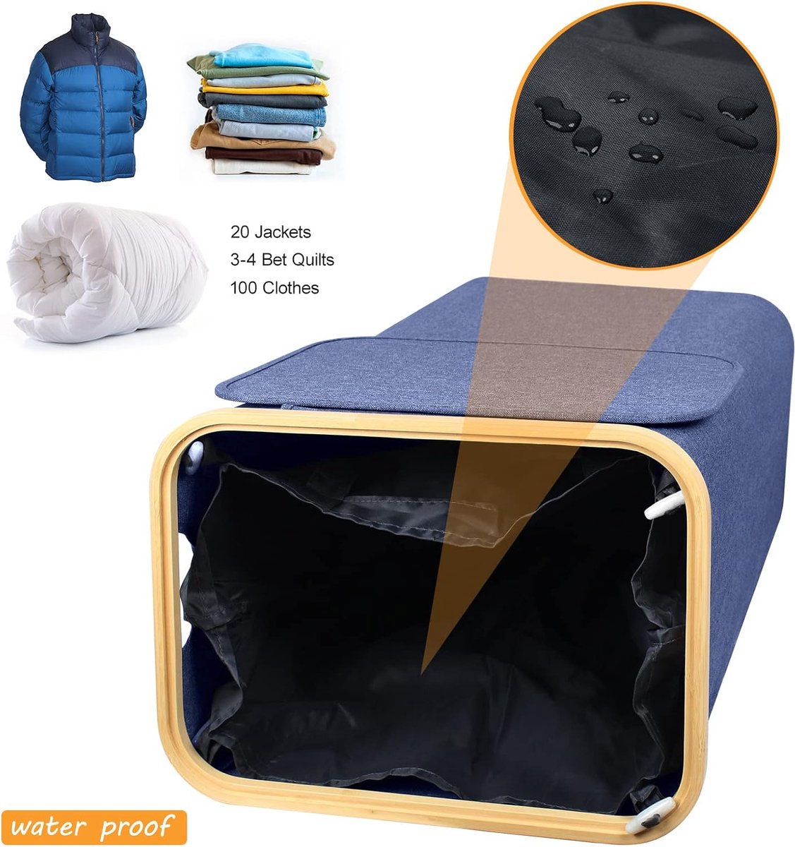 Goedkoopste Wasmand met deksel, opvouwbare wasmand, smal met afneembare waszak, wasmanden, waspoef, marineblauw, 70 x 39 x 29 cm.