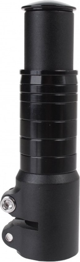 Potence de vélo noire avec un insert vertical et des bagues réglables.