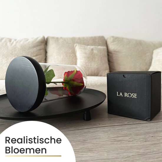 Een rode roos in een glazen stolp, liggend op een plateau naast een 'LA ROSE' geschenkdoos.