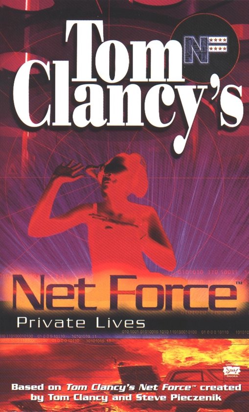 Boekomslag van Tom Clancy's Net Force: Private Lives met een rood silhouet van een vrouw en digitale binaire code.