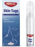 HeltiQ Skin Tags verpakking met spray. De verpakking toont een profiel van een vrouw.