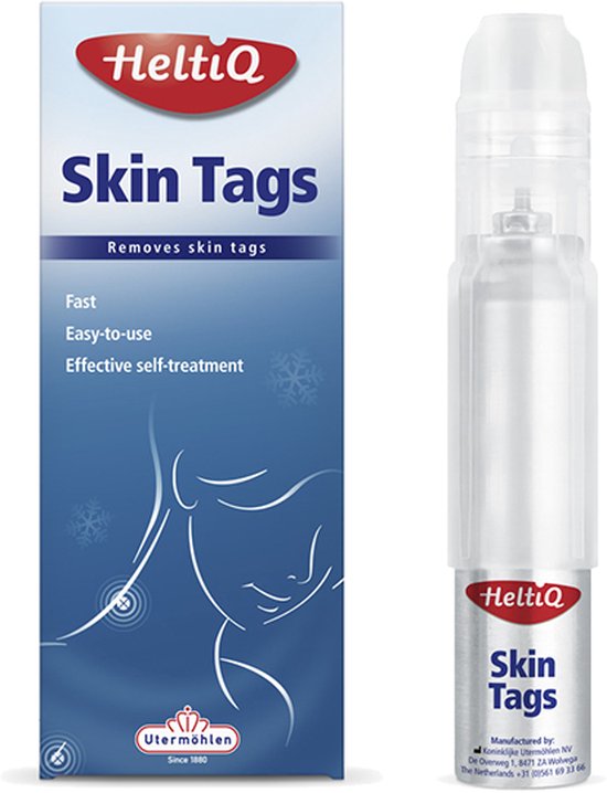 HeltiQ Skin Tags verpakking met spray. De verpakking toont een profiel van een vrouw.