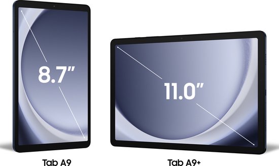 Donkerblauwe Galaxy Tab A9 met 8.7 inch scherm en donkerblauwe Tab A9+ met 11.0 inch scherm.