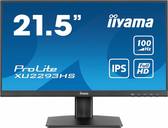 Vooraanzicht van een 21.5-inch Full HD IPS monitor van 'iiyama' met 100 Hz.