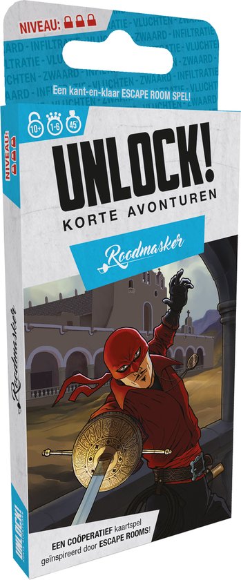 Doos van Unlock! Korte Avonturen Roodmasker met held in rood masker en schild.