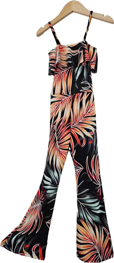 Zwarte meisjes jumpsuit met wijde pijpen en tropische bladprint in oranje, rood en groen. Met ruches aan de bovenkant.