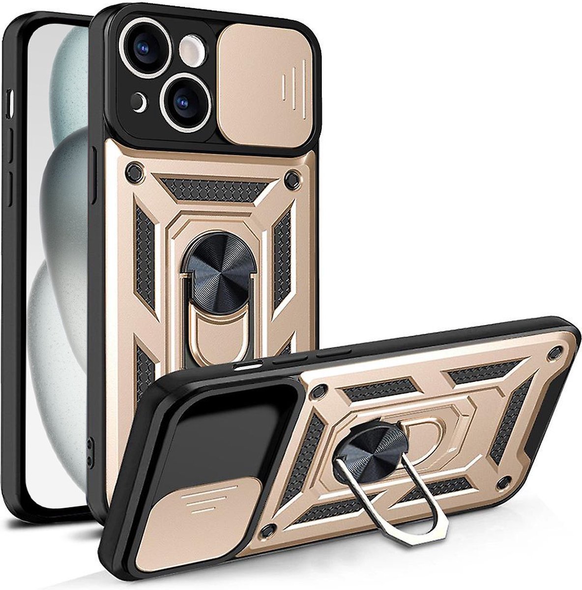 Hoesje geschikt voor iPhone 15 Plus met Ringhouder en Camera schuifje – Goud
