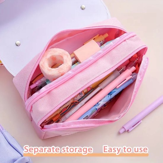 Gepersonaliseerde schooltas voor meisjes, 2 vakken, met klep en naam, potloodtas, toilettas, pennenetui, organizer [151], Eenhoorn 2d, 10 cm x 21 cm x 8 cm, Modern
