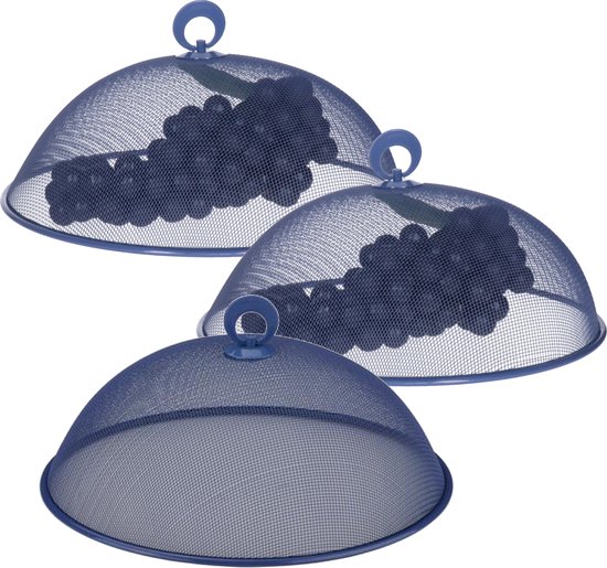 Foto: Alpina vliegenkap voedselkap 3x rond blauw d30 x h15 cm buiten eten anti insecten metaal