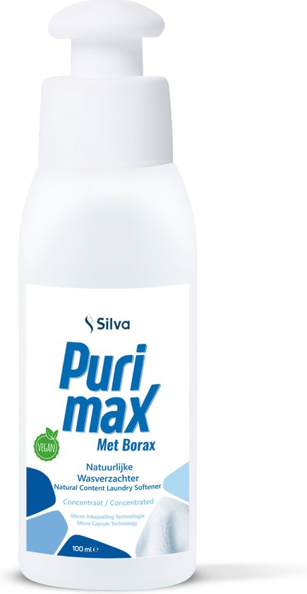 Bouteille blanche de Silva Purimax adoucissant avec Borax. Vegan. 100 ml.