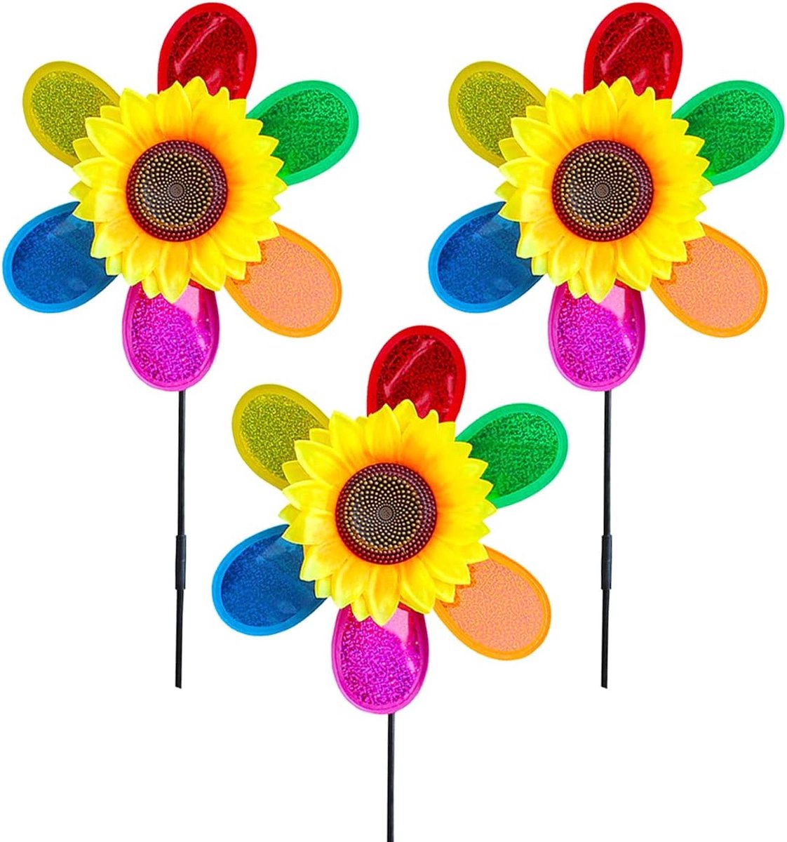 3 stks tuin windmolens zonnebloem windgong kleurrijke pailletten windmolen buiten bloem vuurraderen tuindecoratie voor tuin gazon decoraties vogel afschrikmiddel