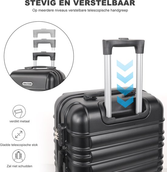 Uitschuifbare telescopische handgreep van metaal op een zwarte koffer van TAN.TOMI.