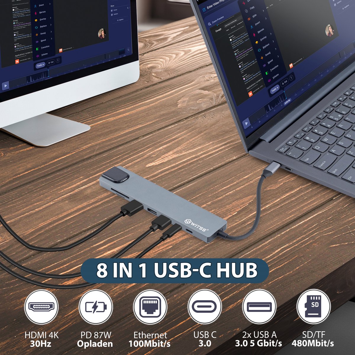 Switss - USB-C Hub Docking Station 8-in-1 - 4K HDMI thumbnail 3