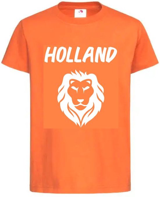 T-shirt Kinderen "HOLLAND + LEEUW" Op Voorkant EK Voetbal Europees Kampioen Kampioenschap Oranje Koning Koningsdag | korte mouw | Oranje/wit | maat 158/164