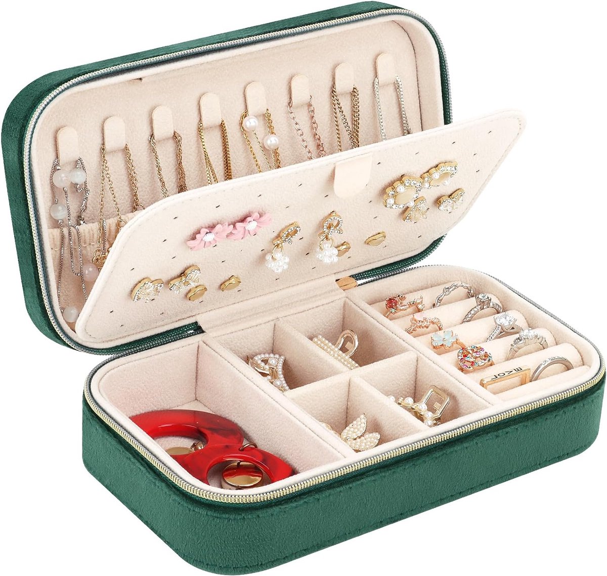 Klein reissieradenkistje, fluweel, voor meisjes en vrouwen, mini-sieradenorganizer, opslag voor ringen, oorbellen, halskettingen, armbanden, klein sieradenkistje, donkergroen
