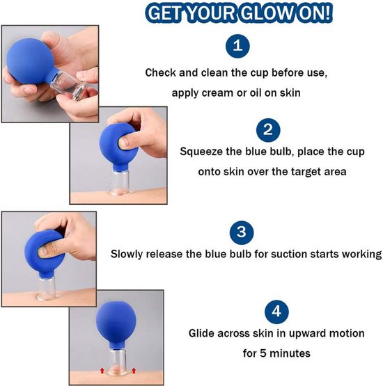 Bovenste paneel toont een blauwe siliconen bulb. Onderste paneel toont een handgeblazen glazen cup.