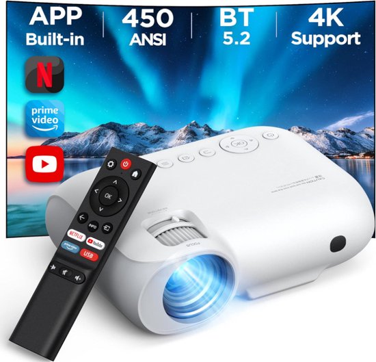 Multimedia Video Projector - Beamer - Ingebouwde Streamingdiensten - 1080P Full HD - 4K-projector - 450 ANSI-lumen - 5G WiFi and Bluetooth