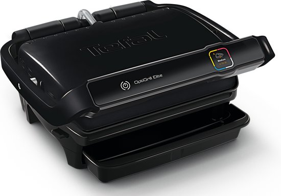 Gesloten zwarte Tefal OptiGrill Elite met het 'Medium' programma op het display.
