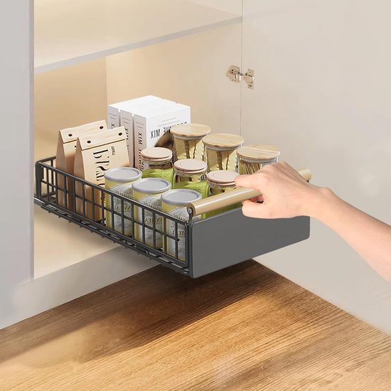 IVTUVTI 2 stuks uittrekbare trekkast-organizer, telescopische glijkastorganizer voor keuken, kastorganizer met verstelbare breedte (zwart