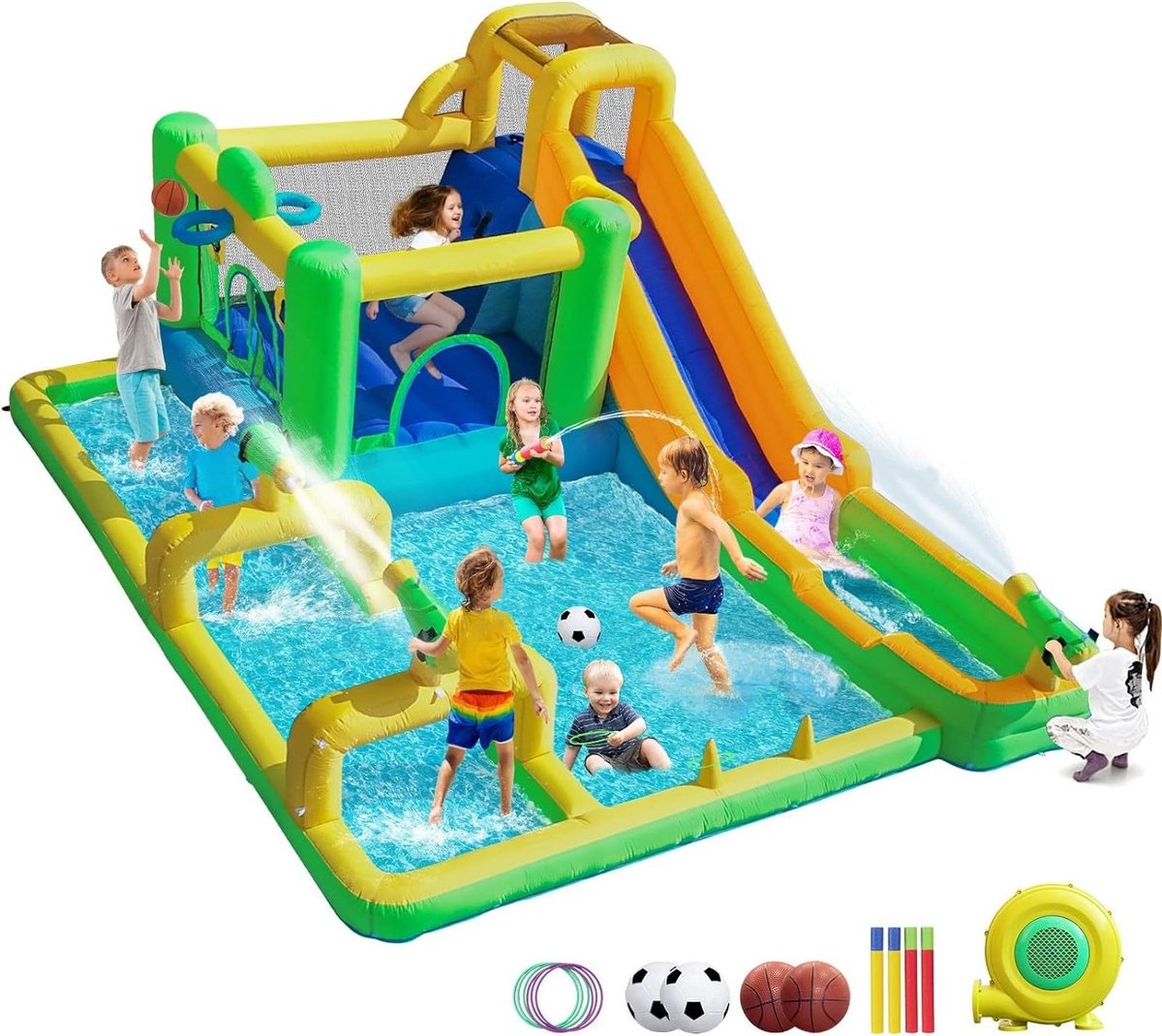 Springkasteel 500x400x210 cm met blazer 10-in-1 kinderspringkasteel Springkasteel huis waterpark Waterpistool Klimwand Basketbalbanden Voor buiten binnen Springkasteel