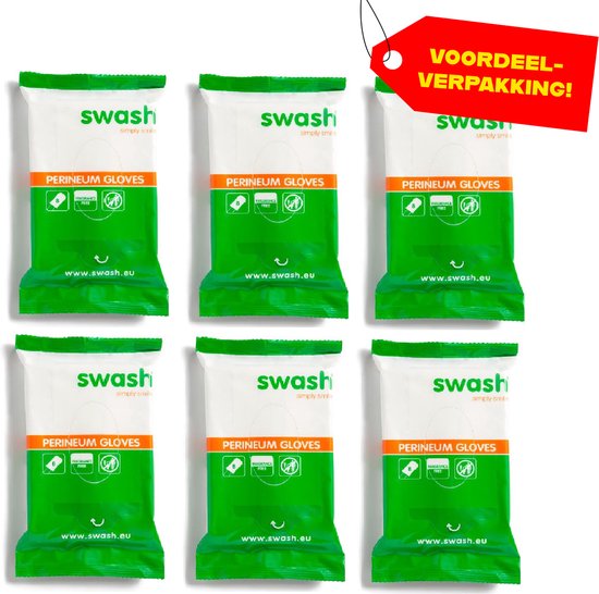 Voordeelverpakking van zes verpakkingen Swash Perineum Gloves. Elke verpakking heeft een witte bovenkant met logo en groene onderkant met tekst.