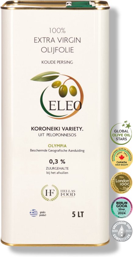 ELEO Olympia – Extra Vierge Olijfolie – 5 liter – zuurgraad 0,3% – 100% Koroneiki – eerste koude persing – zacht & rijk aan antioxidanten – ondersteunt hart & immuunsysteem - Internationale medaille winnaar
