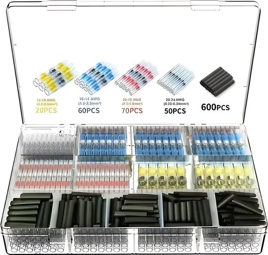 Opbergdoos met verschillende maten krimpbare soldeersleeves en zwarte krimpkous, georganiseerd per maat: 12-10 AWG, 16-14 AWG, 22-18 AWG, 26-24 AWG.
