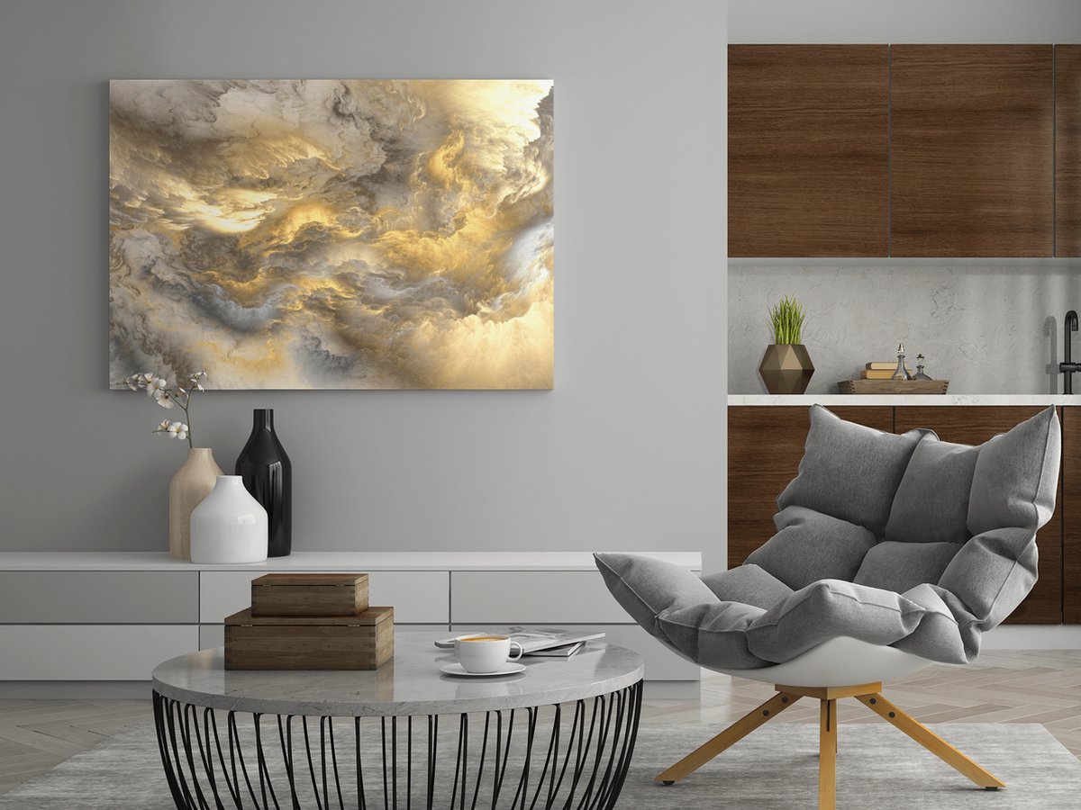 Trendex Global Canvas Schilderij - Gouden Wolken - Abstracte Kunst - Wanddecoratie - 120x80x2 cm
