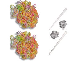 foto van loombandjes - loom - Glow in the dark kleuren mix - 1200 elastiekjes met 2 weefhaken en S-clips