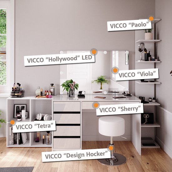 Coiffeuse blanche 'Sherry' avec miroir 'Hollywood' LED, tabouret 'Design Hocker', étagère 'Tetra', étagère 'Paolo' et 'Viola'.