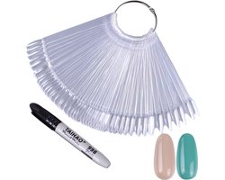 foto van De Sera Nagelwaaier incl. Stift - 50 Stuks Nagel Display - Gel Nagellak Ring Waaier - Nepnagels - Kleurenwaaier Gellak - Oefenwaaier Nail Art - Nep Nagels - Kunstnagels Transparant