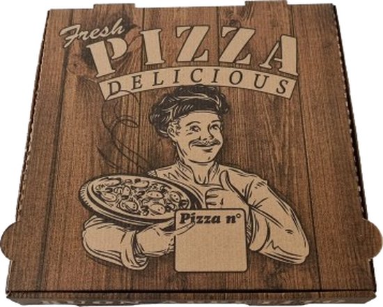 Bruine pizzadoos met houtnerfprint, "Fresh PIZZA DELICIOUS" en kok met pizza.