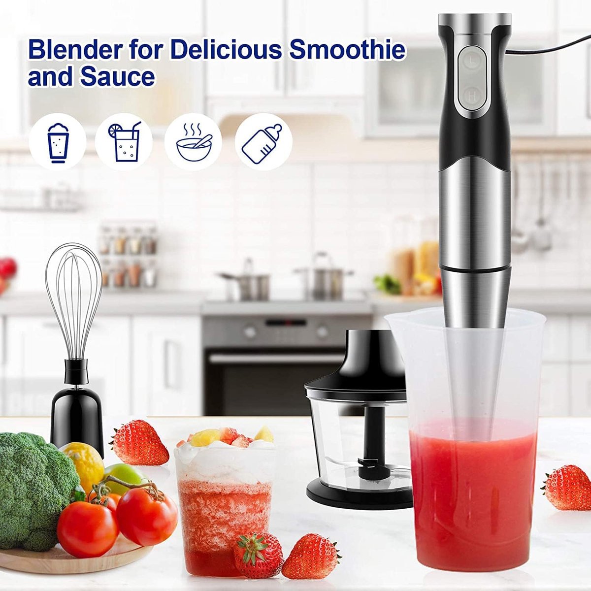 Krachtige staafmixer, 1200 W, 6-in-1 snelheid, verstelbaar, multifunctionele handmixer van roestvrij staal, met spatbescherming, voor het mengen van groenten, ijs en jam enz