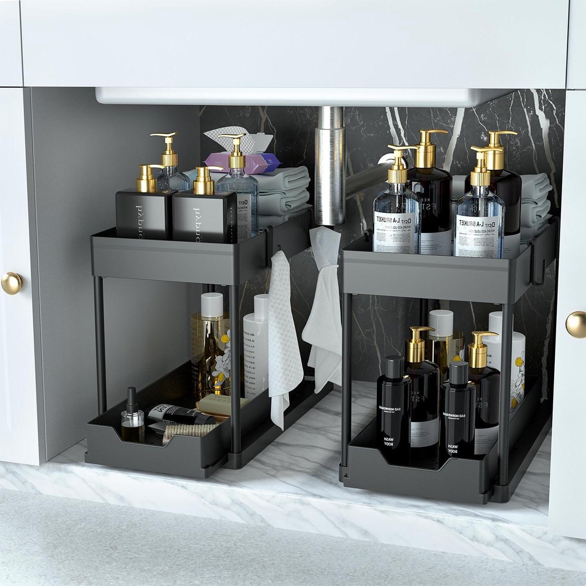 Onder de gootsteen organizer - 2 stuks badkamerkastorganizer - 2-laags schuifkast mand organizer - lade multifunctionele badverzamelmanden - badkamer (zwart)