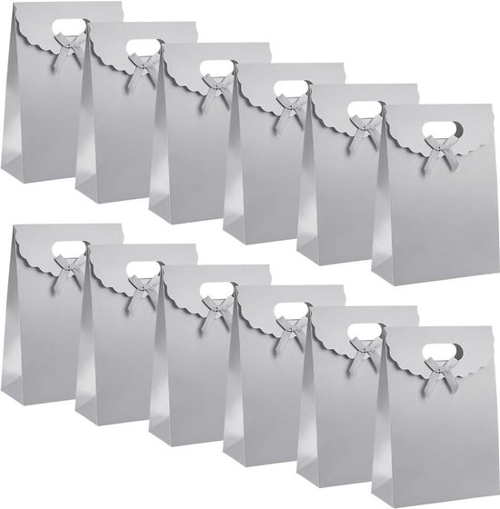 Foto: 12 stuks kraftpapieren zakken kleine geschenkzakje 145 x 6 x 21 cm met handvat en lint strik voor snoep koekjes verpakking bruiloft kerstfeest winkel detailhandel zilver