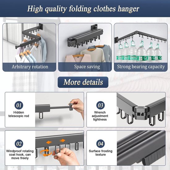 Droogrek Hangend Wandgemonteerd, Uittrekbaar Droogrek Van Roestvrij Staal, 7 Stangen, Geen Installatie Nodig, Voor Balkons, Bijkeuken, Badkamer, Overal Waar Een Muur Aanwezig Is (86-158 Cm Droogrek Wandmontage