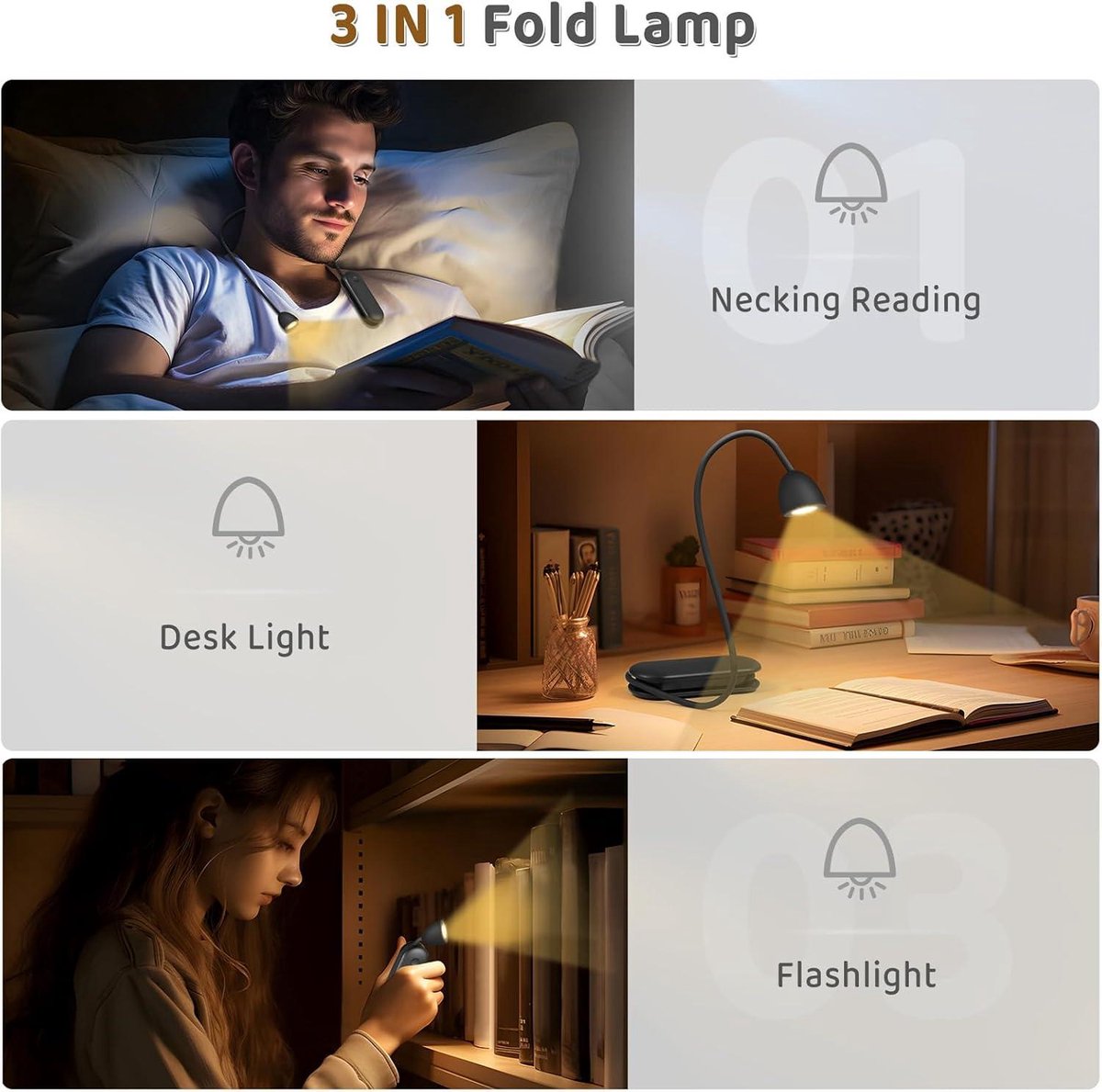 Draagbare led-leeslamp met 3 kleuren en 3 helderheidsniveaus - 360° opvouwbaar USB-leeslicht - geschikt voor reizen, breien en lezen op kantoor — cadeau in Gadgets - foto 7