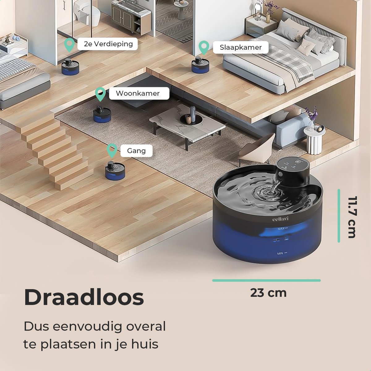 Cellavi R2A - Draadloze Drinkfontein Kat met Sensor - Waterfontein Katten & Honden - Kattenfontein Draadloos - 5200mAh Batterij - Fluisterstil - 3.2L thumbnail 5
