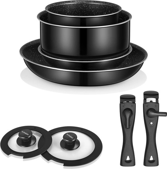 Pannenset 8-delig met afneembare handgrepen en deksels - 20-28 cm pan, 26-14 l inductiekookpannenset - vaatwasmachinebestendig en ovenbestendig camping pannenset