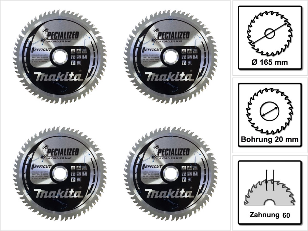 Makita CMSF16560E SPECIALIZED EFFICUT zaagblad 165 x 1,85 x 20 mm 4 stuks ( 4x B-69864 ) 60 tanden voor hout