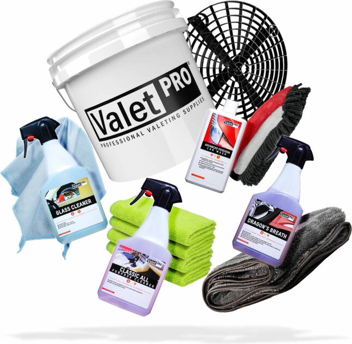 ValetPro Car Clean set bestaande uit; Glasreiniger 500 ml, Wafeldoekje 40x40,Grit zwart, Emmer 5 gall, 4 Microfiber doekjes, Velgenreiniger Dragons Breath 500ml,Droogdoek 50 x 80 cm 1000gsm, WashMitt 3 zijdig, Advanced Poseidon car shampoo 500 ml.