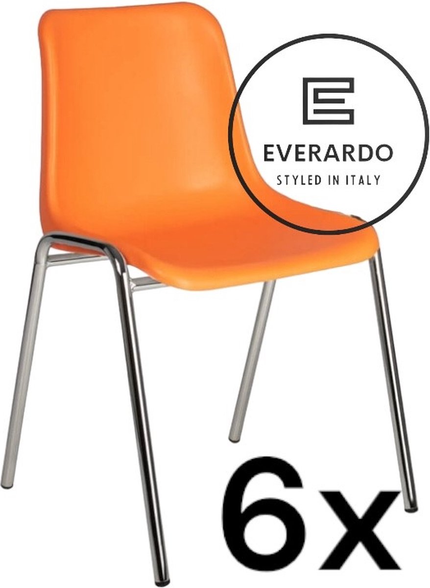 King of Chairs set van 6- model KoC Everardo oranje met verchroomd onderstel. Kantinestoel stapelstoel kuipstoel vergaderstoel tuinstoel kantine stoel stapel kantinestoelen stapelstoelen kuipstoelen stapelbare keukenstoel Helene eetkamerstoel Oranje zitting met verchroomd onderstel