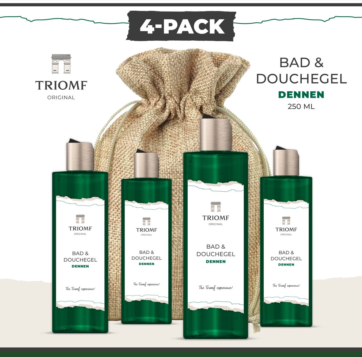 Bad & Douchegel - Triomf Cosmetica Original - Dennen - 250 ML - 4-Pack - Bath & Showergel - Luxe Douche Gel Dennengeur - Gift Set voor hem haar - Man Vrouw - Giftset 4 Stuks Verpakt Linnen zak - Kerstcadeautje Kerst Pakket - Cadeau Donker Groen